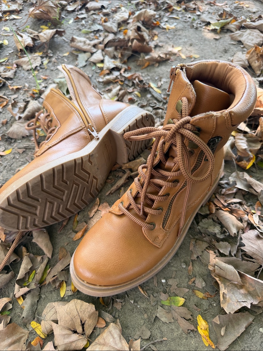 BareTraps Women's Cognac Lace-Up Combat Boots with Side Zipper
